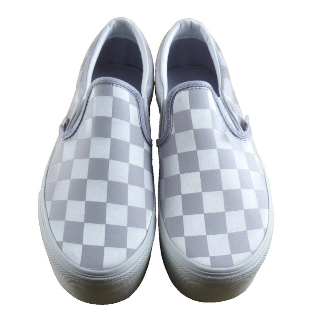 Vans Women's Classic Slip On Stackform Satin Check Lilac Platform Shoes Sizes - Picture 3 of 7